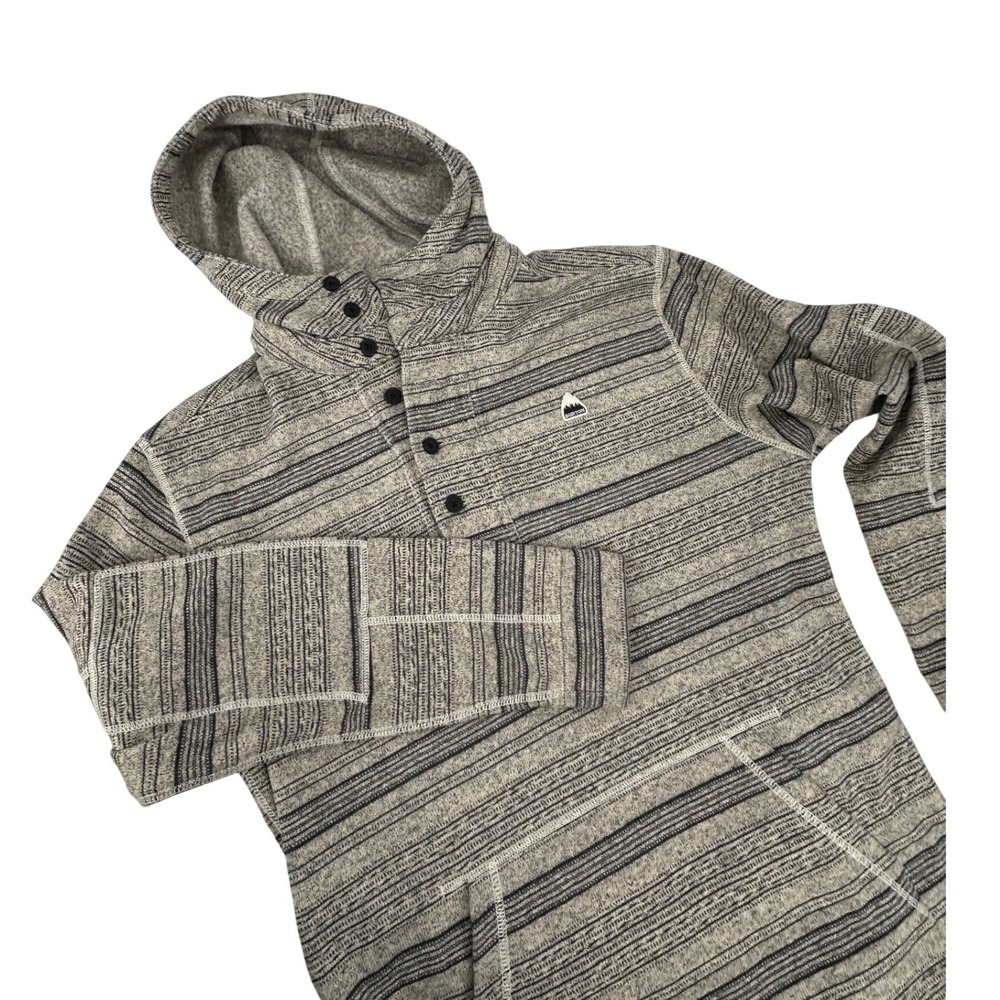 Burton Mens Striped Fleece Hoodie Grey Black‎ Henley Button Neck Pullover Large